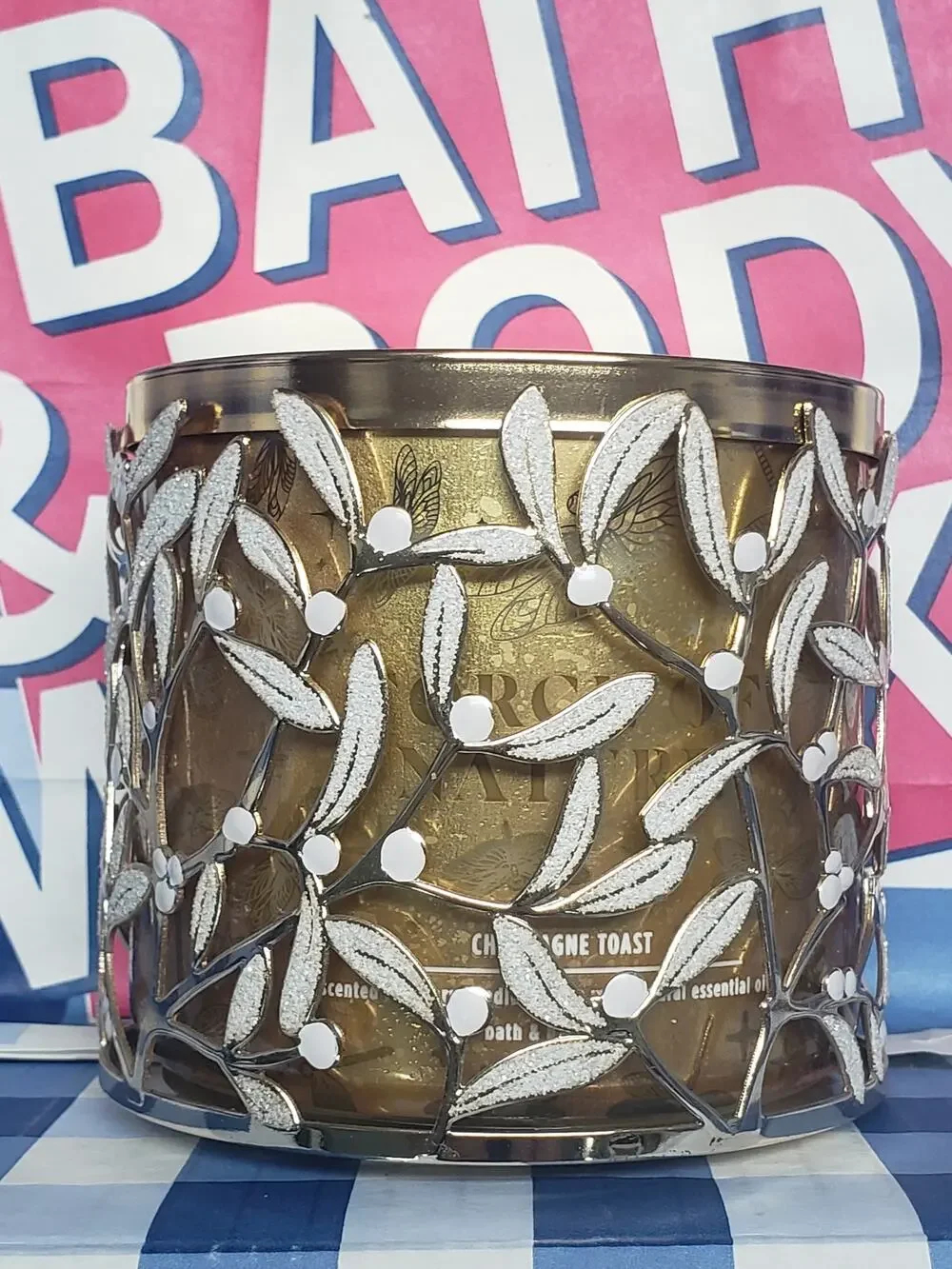 BBW Gold Glittery Wrapped Large 3 Wick Candle Holder Home Fragrance Decor